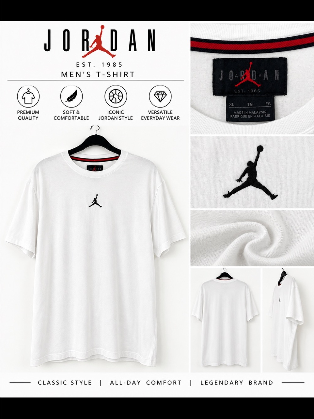 Jordan White Short-Sleeve Tee with Black Jumpman Logo
